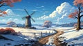 Cartoon windmill in snow in winter as sustainable. Generative AI. Royalty Free Stock Photo