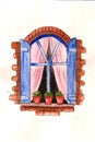 cartoon window with flowers on white background. Blue window with pink curtains.