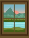Cartoon window view. River scene. Hill, clouds, sun, windowsill.