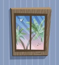 Cartoon window view. Starlight Night on paradise island Royalty Free Stock Photo