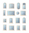 Cartoon windows. Modern home and office interior elements, round and square exterior facade architectural objects with