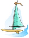 Cartoon windsurfing board with blue sail and flag