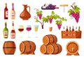 Cartoon wine. Alcohol bottles and barrels, wooden corkscrew, bunch of grapes and glasses of wine isolated vector set Royalty Free Stock Photo