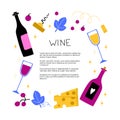 Cartoon wine background. Hand drawn bottle and glass, hands hold wineglass, corkscrew cheese and grape, alcoholic drink collection Royalty Free Stock Photo