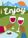 Cartoon wine card. Couple drinking grape alcohol. Summer picnic in park. Hands holding wineglass and olive. Romantic
