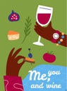 Cartoon wine card. Couple drinking grape alcohol. Summer picnic in park. Hands holding wineglass and snack. Romantic