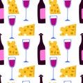 Cartoon wine and cheese seamless pattern. Hand drawn bottle and glass, red liquid in wineglass, cheese and grape alcoholic drink. Royalty Free Stock Photo