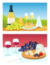 Cartoon wine with cheese vector illustration. Flat alcohol wineglass bottle, juice drink liquid in glass, cheese plate Royalty Free Stock Photo