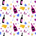 Cartoon wine seamless pattern. Hand drawn bottle and glass, hands hold wineglass, corkscrew cheese and grape, alcoholic drink
