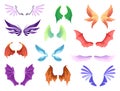 Cartoon wings of fairy creatures, fantasy characters and animals. Set of different wings pairs dragon, monster