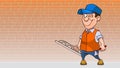 Cartoon winking man in with tools for plaster wall Royalty Free Stock Photo