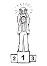 Cartoon winner businessman with trophy standing on a podium. Black and white sketch