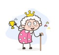 Cartoon Winner Granny Showing Victory Cup Vector Illustration