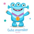 Cartoon Winner Monster Mascot. ÃÂ¡hampion With Medal Vector. Friendly Monster Meme. True Happy Face.