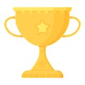 Cartoon winner prize. Golden trophy with crown. Prize, success, competition, achievement, congratulations concept. Stock