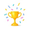 Cartoon winners trophy, champion cup with falling confetti isolated on white