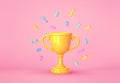Cartoon winners trophy, champion cup with falling confetti on pink background