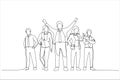 Cartoon of winning business team. Single continuous line art style