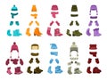 Cartoon winter accessories. Colorful girl warm clothes, isolated kid hat and scarf. Mittens and boots, fashion seasonal