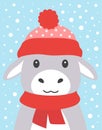 Cartoon winter card of donkey on snow background Royalty Free Stock Photo