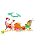 Cartoon winter characters drinking cocktails on beach Royalty Free Stock Photo