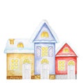 Cartoon Winter Christmas Houses. Front view of Red, Yellow, Blue House. Watercolor New year Greeting card, poster Royalty Free Stock Photo