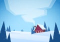 Cartoon Winter christmas snowy landscape with red house and smoke from chimney Royalty Free Stock Photo