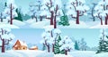 Cartoon winter forest landscapes. Village in woods with snow caps on houses, snowed field and winter trees vector