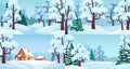 Cartoon winter forest landscapes. Village in woods with snow caps on houses, snowed field and winter trees vector illustration set
