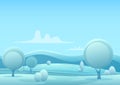 Vector Cartoon snowy winter game style landscape with trees and snow mountains hills.