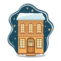 Cartoon winter house covered with snow on night background. Vector illustration in flat style