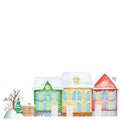 Cartoon Winter House with wooden fence and Bullfinch bird couple, snowdrifts, Christmas tree. Front view. Watercolor New Royalty Free Stock Photo