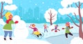 Cartoon winter kids. Child illustration, kid snowy christmas vacations. Fun children group playing snowball and skating Royalty Free Stock Photo