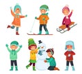 Cartoon winter kids. Children play in winters holiday, sledding and making snowman. Childrens characters vector set Royalty Free Stock Photo