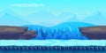 Cartoon winter landscape with ice, snow and cloudy sky. vector nature background for games.