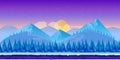 Cartoon winter landscape with ice, snow and cloudy sky. vector nature background for games.