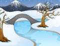 Cartoon winter landscape with mountains and small stone bridge over river