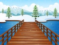 Cartoon winter landscape with mountains and wooden bridge over river Royalty Free Stock Photo