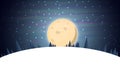 Cartoon winter landscape with spruce, blue starry sky and big full moon for your arts. Vector background with night winter Royalty Free Stock Photo