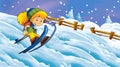 Cartoon winter nature scene with happy child girl skiing