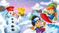 Cartoon Winter Nature Scene With Happy Snowman And Kids On Snowboard - Illustration