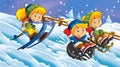 Cartoon winter nature scene with kids having fun sliding and skiing - illustration Royalty Free Stock Photo