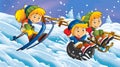 Cartoon winter nature scene with kids having fun sliding and skiing - illustration Royalty Free Stock Photo