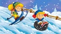 Cartoon winter nature scene with kids having fun sliding and skiing - illustration Royalty Free Stock Photo