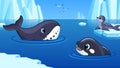 Cartoon winter ocean landscape. Killer whale and whale, fur seal swims on an ice floe. Cute north wild sea animals and Royalty Free Stock Photo