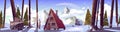 Cartoon winter snowy landscape with wooden cabin Royalty Free Stock Photo