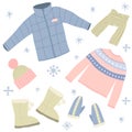 Cartoon Winter Warm Clothes Signs Icon Set. Vector