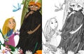 Cartoon wise older man jinn thinking and girl princess