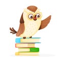 Cartoon wise owl sitting on stack of books, vector back to school isolated illustration