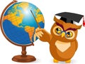 Cartoon Wise Owl with world globe